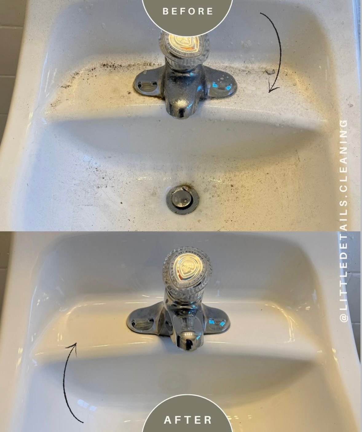 Vanity sink stripped of grime and mildew