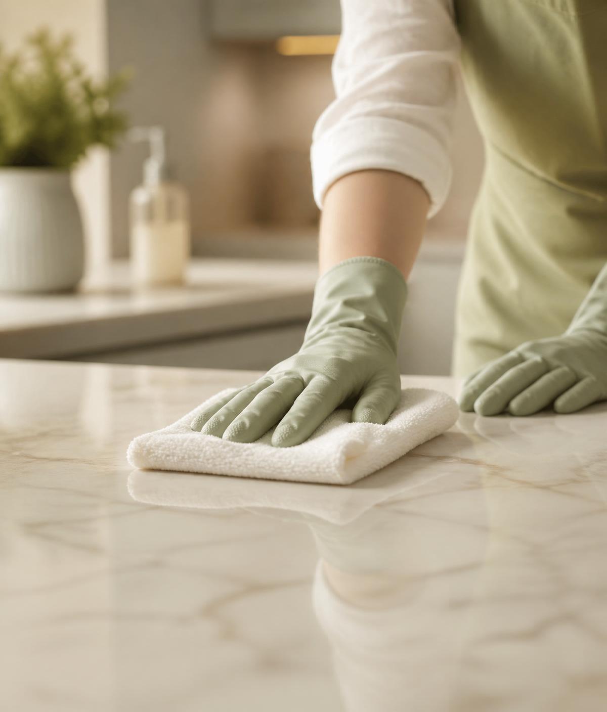 Professional cleaner polishing a marble counter